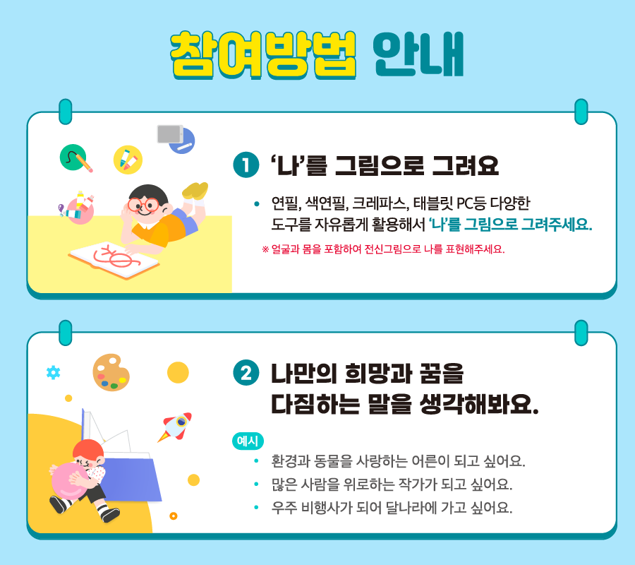 참여방법 안내 | 1. '나'를 그림으로 그려요 2. 나만의 희망과 꿈을 다짐하는 말을 생각해봐요.