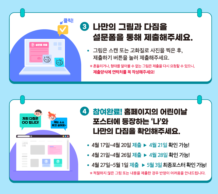 3. 나만의 그림과 다짐을 설문폼을 통해 제출해주세요. 4. 참여완료! 홈페이지의 어린이날 포스터에 등자하는 '나'와 나만의 다짐을 확인해주세요.